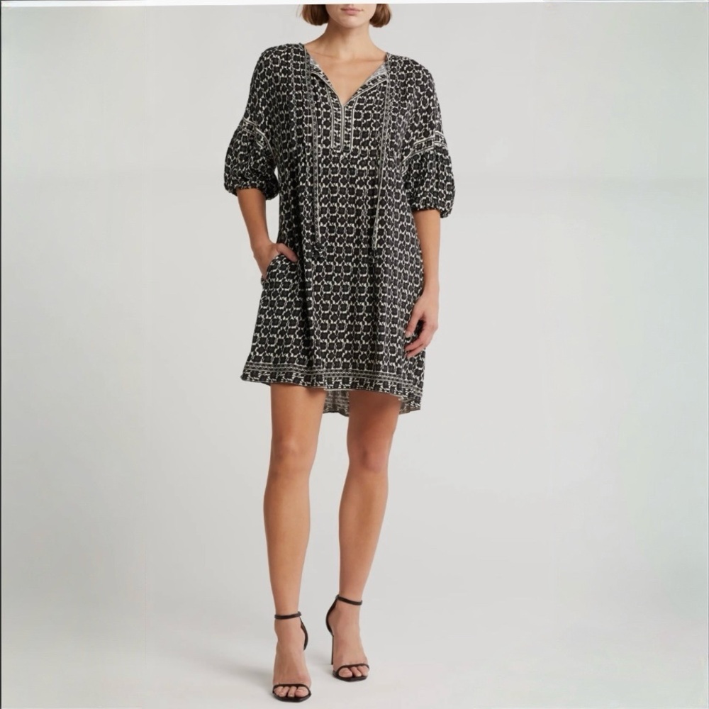 Max Studio London Black & Cream Floral Boho Dress Puff Sleeve Tunic | Size S NWT